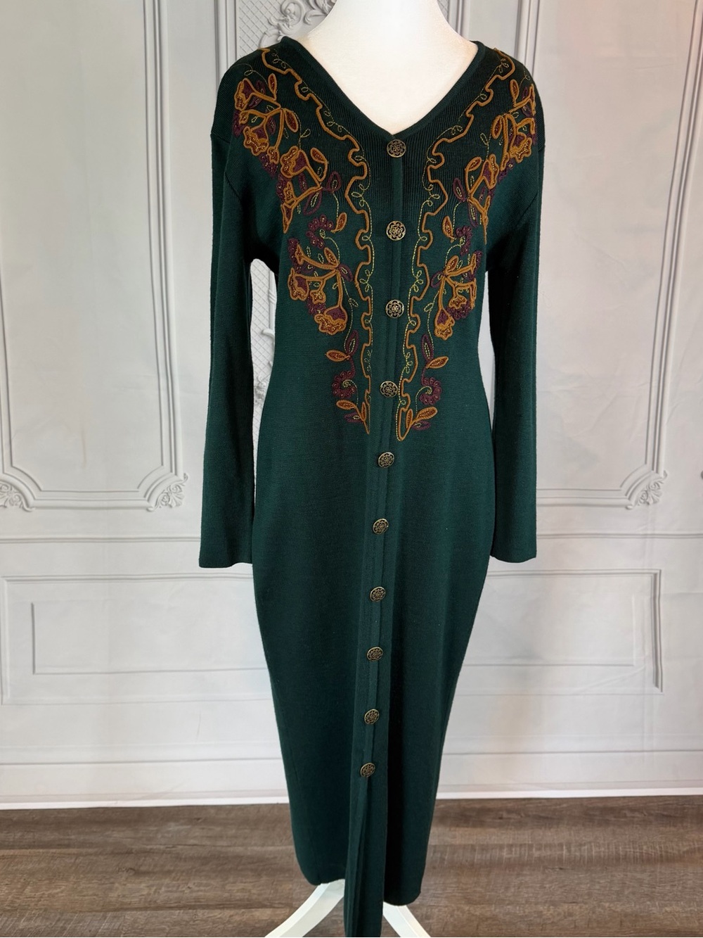 Carole Little Green Wool Blend Sweater Dress P/M Embroidered Vintage 90s  Fall